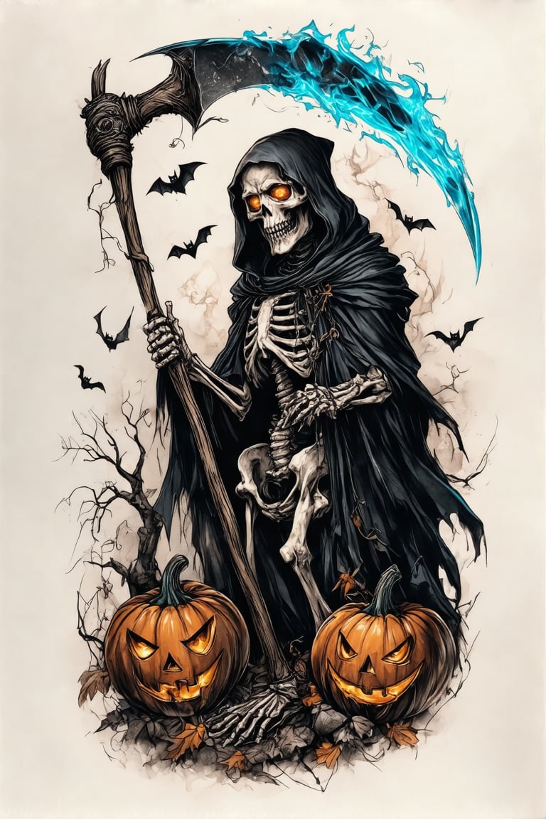 A colorized tattoo art style image of a grim reaper skeleton holding a scythe in a halloween-themed setting, drawn on a piece of paper sheet. The skeleton is intricately detailed with glowing eyes and a menacing expression, surrounded by eerie halloween elements like pumpkins, bats, and cobwebs. The tattoo is vibrant, capturing the spooky atmosphere of Halloween. The composition is dynamic, with the grim reaper's cloak flowing and the skeleton's bones appearing ghostly with glowing blue fire. The lighting is dark and moody, emphasizing the horror elements. The paper sheet is slightly wrinkled, showcasing the bold and detailed tattoo.