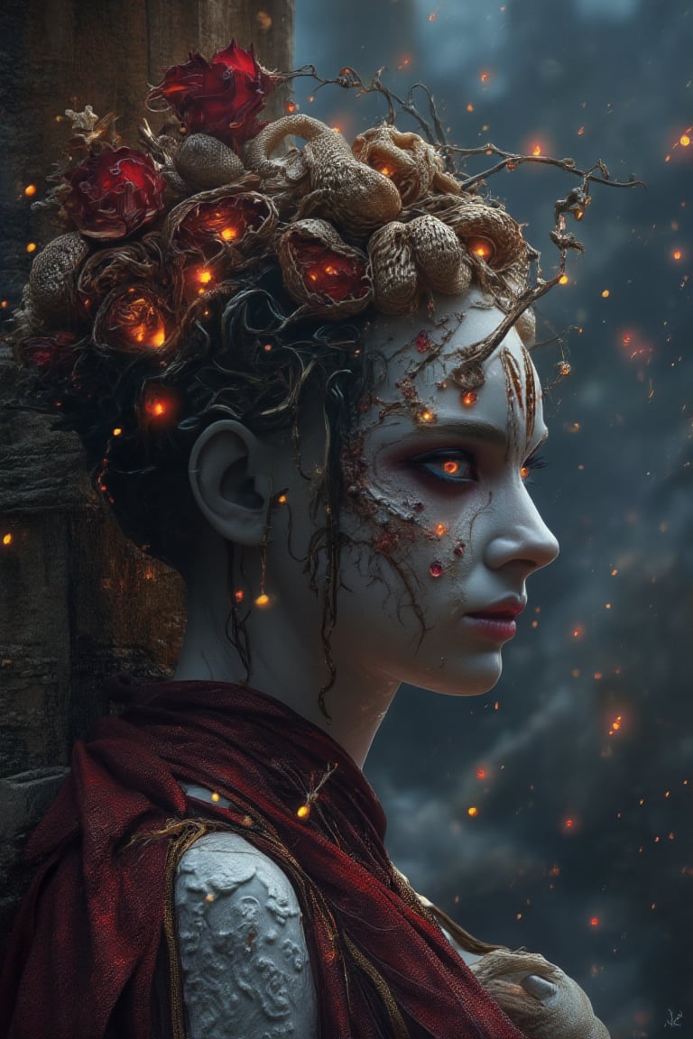 Render a hyper-realistic upper body shot of Medusa, her serpentine locks replacing traditional tresses. Her piercing red gaze shines like lanterns in the darkness. The setting: an ancient Greek temple, its crumbling columns and weathered stone radiating mystique. A misty veil shrouds the background, imbuing the atmosphere with an air of mystery. Medusa's visage is lit from within, her third eye glowing with an otherworldly intensity,