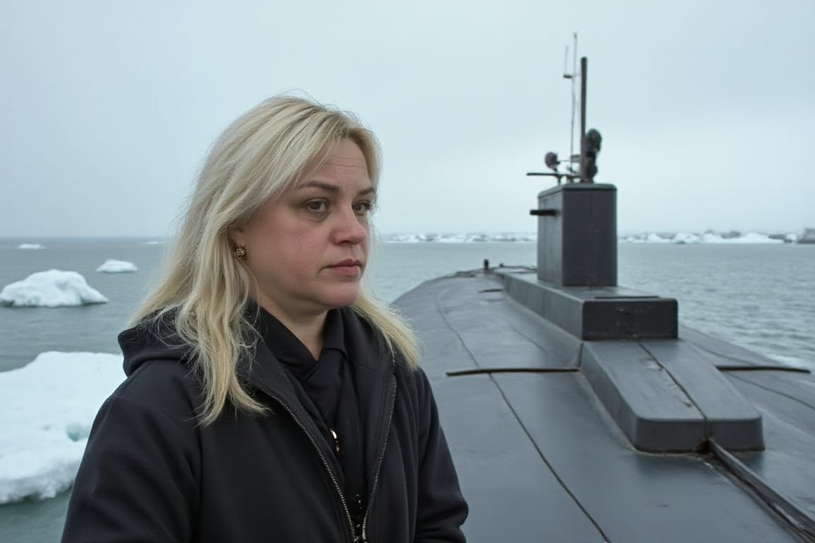 a woman, full-length, 40 years old, blonde, locks of hair softly developing in the wind, standing on the deck of a submarine, snow-covered icebergs around, cold atmosphere, military uniforms 