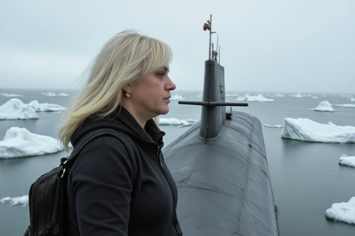 a woman, full-length, 40 years old, blonde, locks of hair softly developing in the wind, standing on the deck of a submarine, snow-covered icebergs around, cold atmosphere, military uniforms 