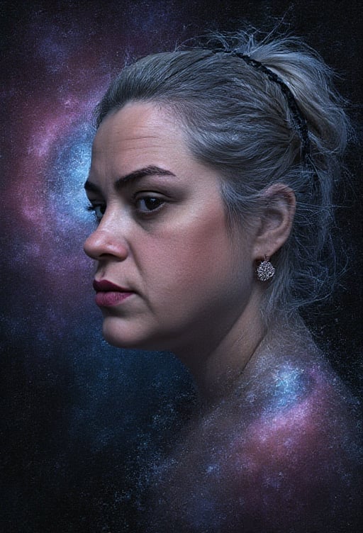 a space portrait of a girl with ghostly outlines woven from galaxies, stars, supernovas, and nebulae. Include the highest detail of space, focusing on intricate details