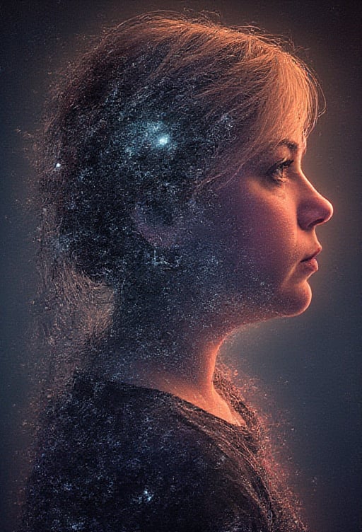 a space portrait of a girl with ghostly outlines woven from galaxies, stars, supernovas, and nebulae. Include the highest detail of space, focusing on intricate details