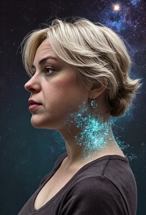 A cosmic portrait of a blonde woman with ghostly outlines woven from galaxies, stars, supernovae and nebulae. Include maximum detail of the cosmos in your work, paying special attention to intricate details