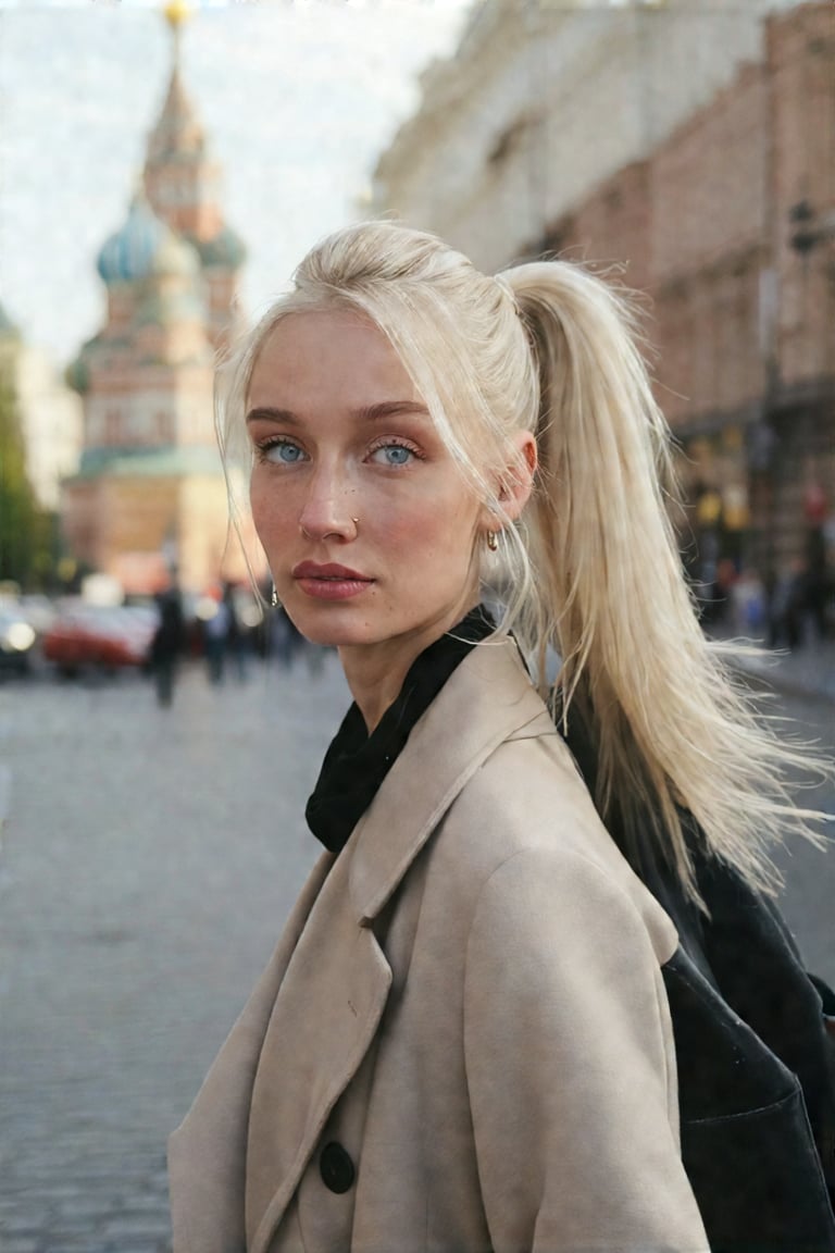 A confident blonde woman with piercing blue eyes and a chic ponytail confidently walks through the vibrant streets of Moscow, close up ,radiating sophistication and independence. Dressed in elegant attire, she captivates onlookers with her alluring presence. This cinematic GoPro photograph freezes her in motion, her graceful stride harmonizing with the backdrop of iconic landmarks and bustling city life. Amidst the urban chaos, she exudes poise and confidence, embodying modern elegance against the historic charm of Moscow's cityscape. 