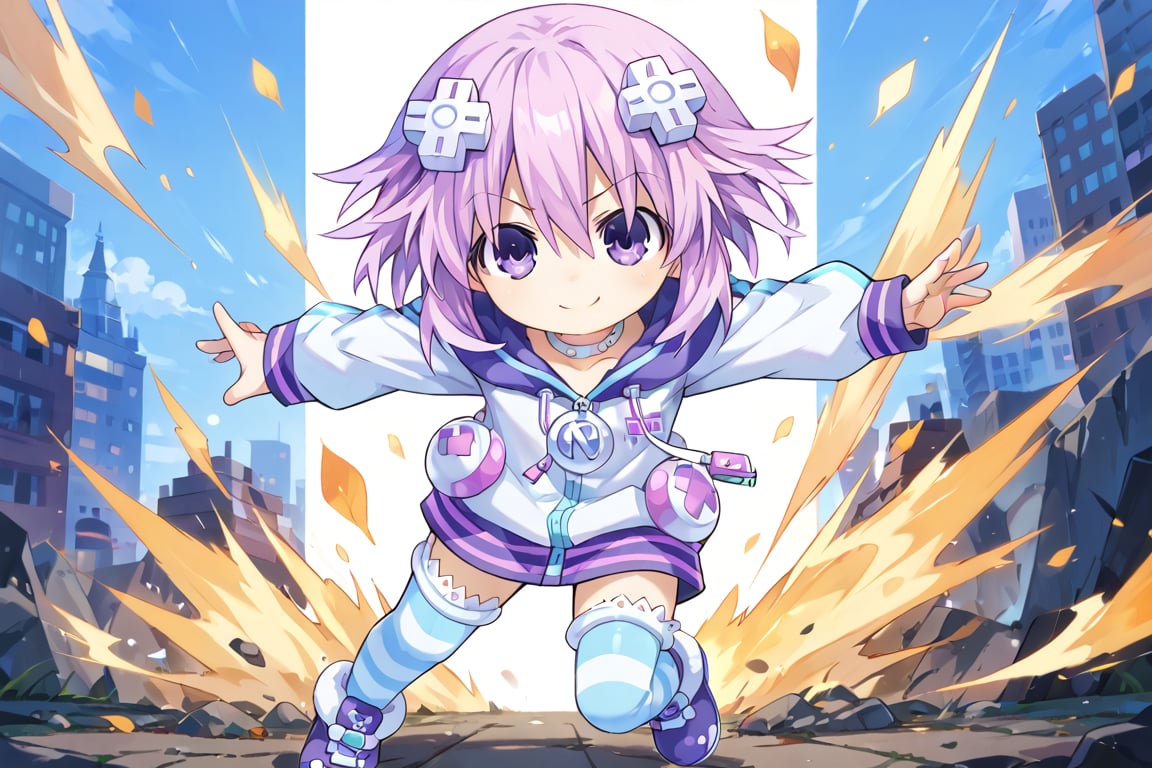 ore_9,score_9,score_8_up,score_7_up,ClrSkt,Neptune \(neptunia)\, purple eyes, purple hair, short hair, sidelocks, d-pad hair ornament, choker, shoes, white choker, hoodie, jacket, striped, striped legwear, thighhighs, (>3<),(>_<),((XD face)), ((>< Closed-Eyes Smile)), ((chibi character)), (chibi), spoken heart, solo, 1girl, action pose, punching