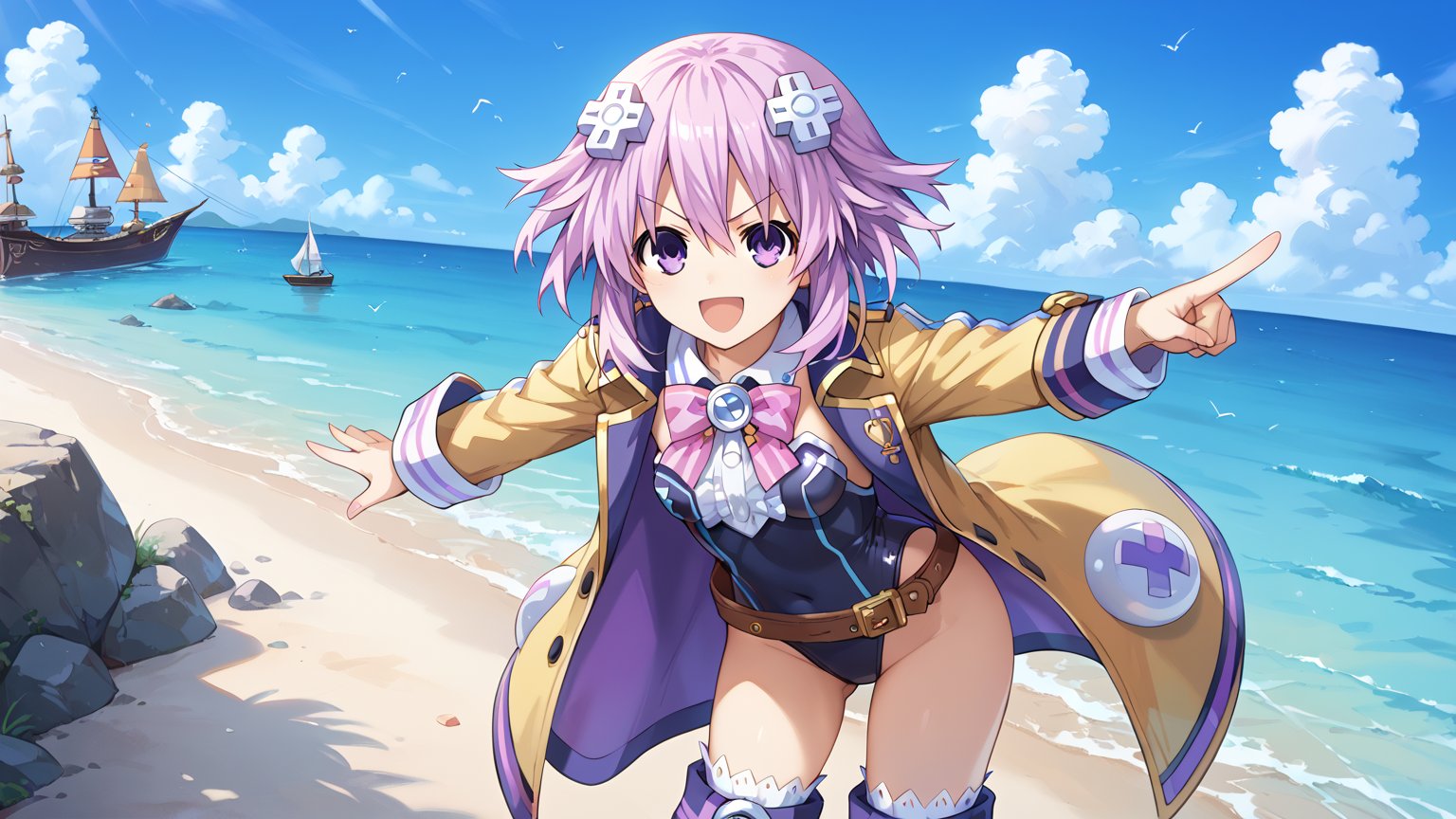 score_9,score_8_up,score_7_up,source_anime,Neptune \(neptunia)\, purple eyes, purple hair, short hair, sidelocks, d-pad hair ornament, popped collar, bowtie, leotard, pirate motiff, pirate coat, belt, thighhigh boots, standing, pointing at viewer, smile, happy, angry eyes, open mouth, wide stance, sea, scabbard, 1girl, solo