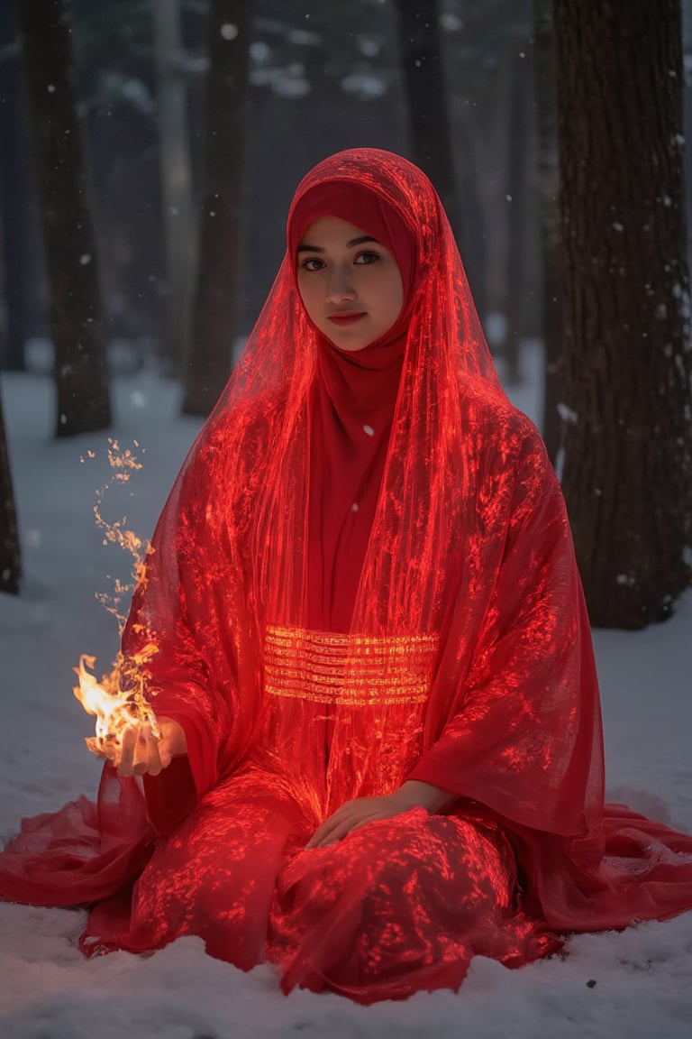 a woman adelliahalim with very long glowing red hijab sitting in the snow, red hijab goddess, wearing a traditional Japanese red kimono with a futuristic twist, amouranth, front view, in the snow, dark forest, (heavy snowfall),  red head, long ginger hijab, with long red hijab, long red hijab, red waist-long hijab, wild ginger hijab, as (hug large fire crackles) from her hand, very large fire on hand, the ((fire burned high)).