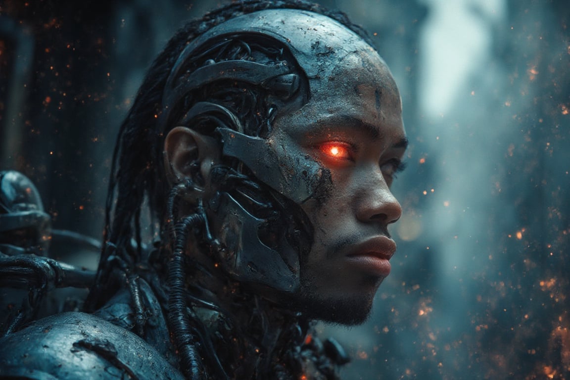 Close-up hyper-realistic portrait of a cybernetic soldier designed to resemble Arnold Schwarzenegger as the T-800 from Ter...
