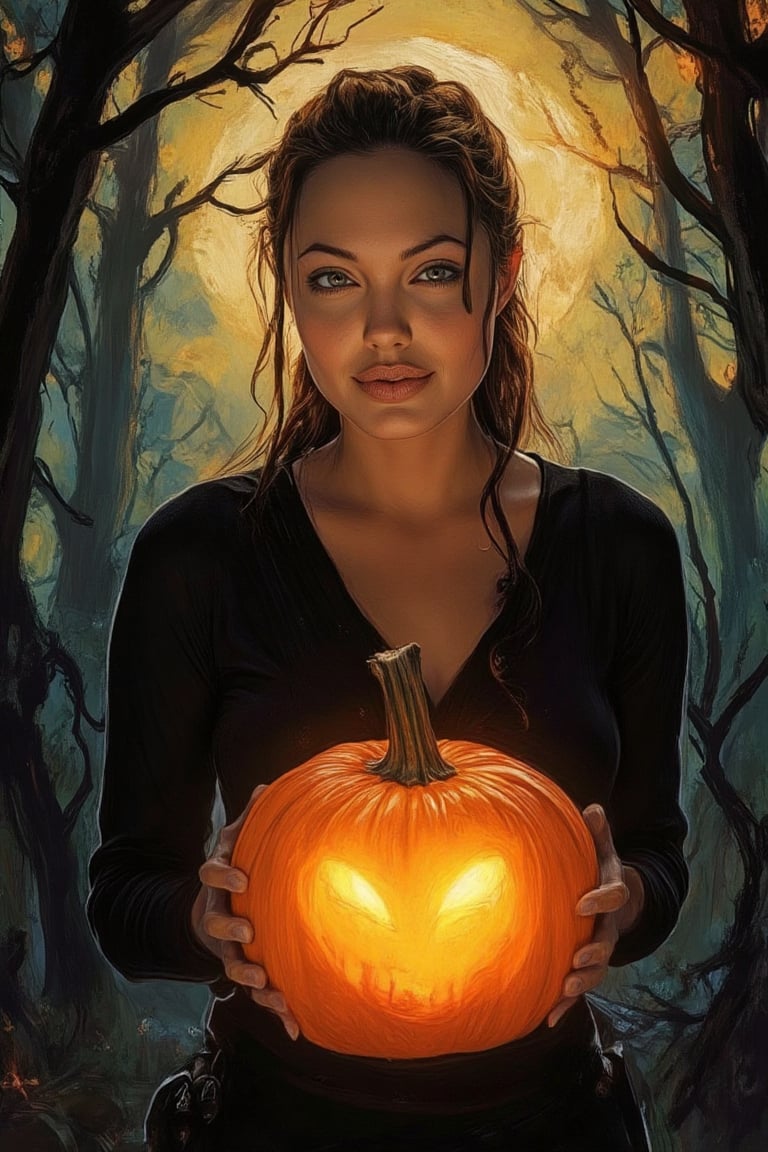 A spooky art drawing of a woman standing in a dimly lit, eerie forest. She holds a glowing pumpkin in her hands, casting an ominous light on her face. Her expression is one of mystery and intrigue, with a slight smile. The background features twisted trees and a full moon, creating a haunting atmosphere. The composition is centered, with the woman in the foreground and the forest in the background, emphasizing the spooky mood.