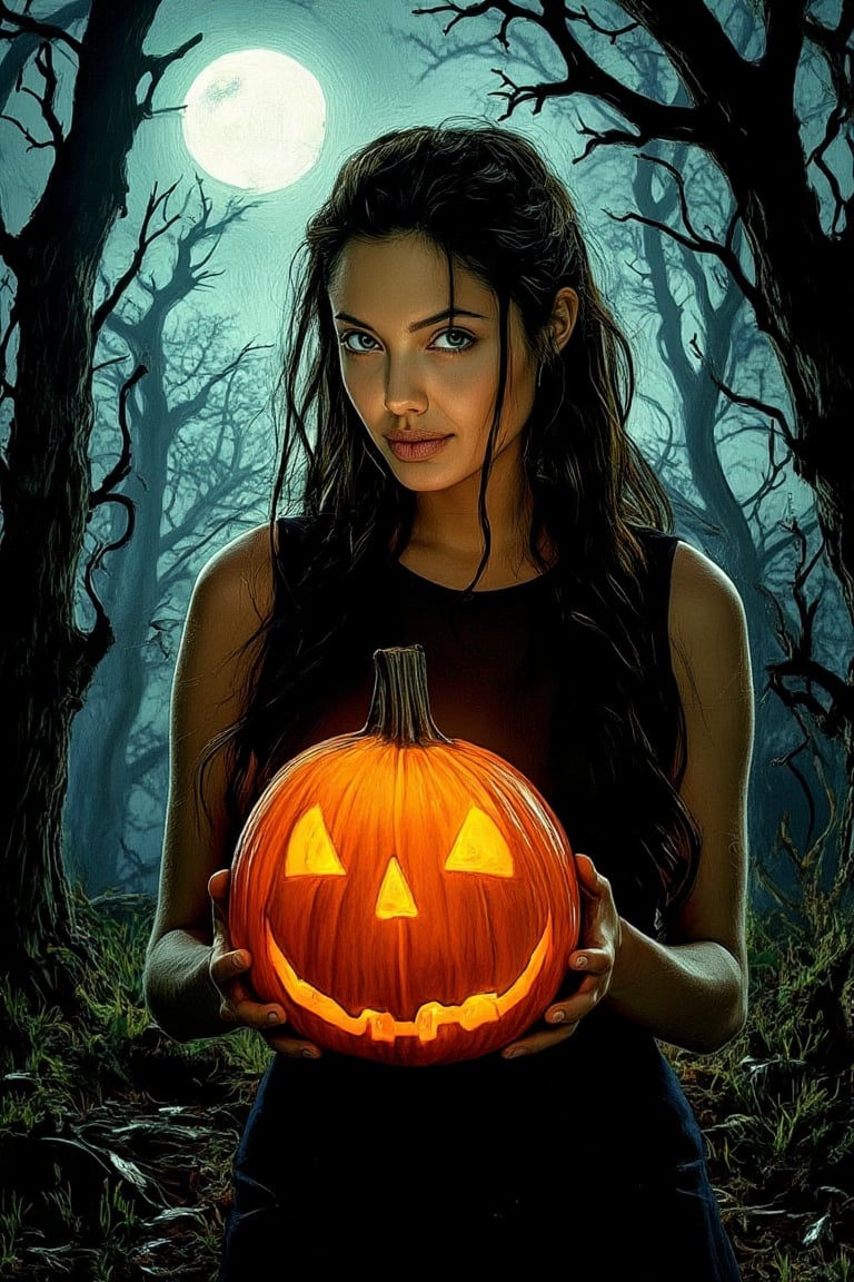 A spooky art drawing of a woman standing in a dimly lit, eerie forest. She holds a glowing pumpkin in her hands, casting an ominous light on her face. Her expression is one of mystery and intrigue, with a slight smile. The background features twisted trees and a full moon, creating a haunting atmosphere. The composition is centered, with the woman in the foreground and the forest in the background, emphasizing the spooky mood.