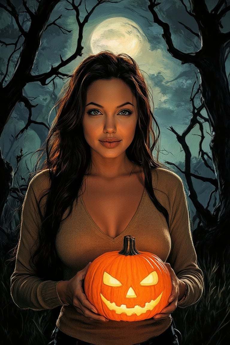 A spooky art drawing of a woman standing in a dimly lit, eerie forest. She holds a glowing pumpkin in her hands, casting an ominous light on her face. Her expression is one of mystery and intrigue, with a slight smile. The background features twisted trees and a full moon, creating a haunting atmosphere. The composition is centered, with the woman in the foreground and the forest in the background, emphasizing the spooky mood.