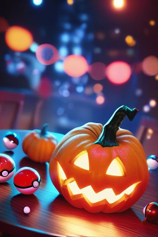 score9, score_8_up, blurry background, high quality, masterpiece, best quality, halloween, table, candies, pumpkin, pokeball, night, moonlight, pokeball left in a table