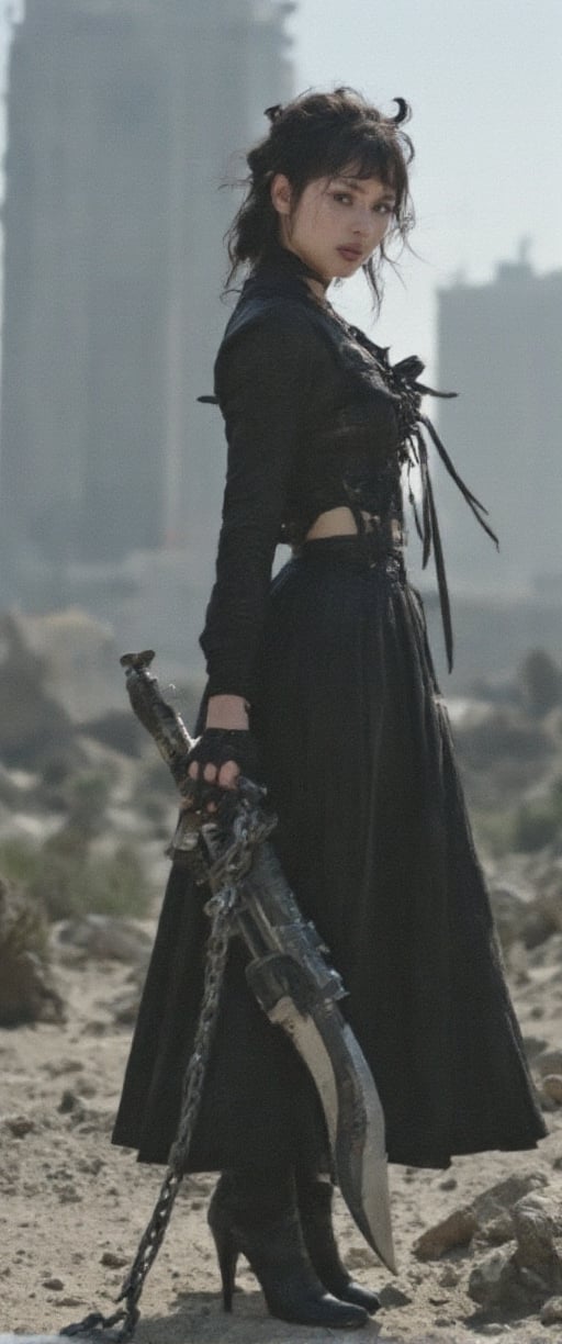 A dystopian metropolis serves as the backdrop for a striking young woman, her raven tresses and fiery eyes piercing through the desolate landscape. Adorned in a pleated skirt and jewelry, she brandishes a massive mechanical sword, its gears and rivets a stark contrast to her porcelain skin and black nails. One hand shackled in chains, she exudes confidence and mystery as her gaze meets the viewer's. The whimsical atmosphere of the Xianji subculture is palpable, with ultra-realistic details like 64k HDR, intricate skin texture, and razor-sharp features. A fusion of edgy and ethereal, the scene comes alive in a photorealistic masterpiece.,RAW