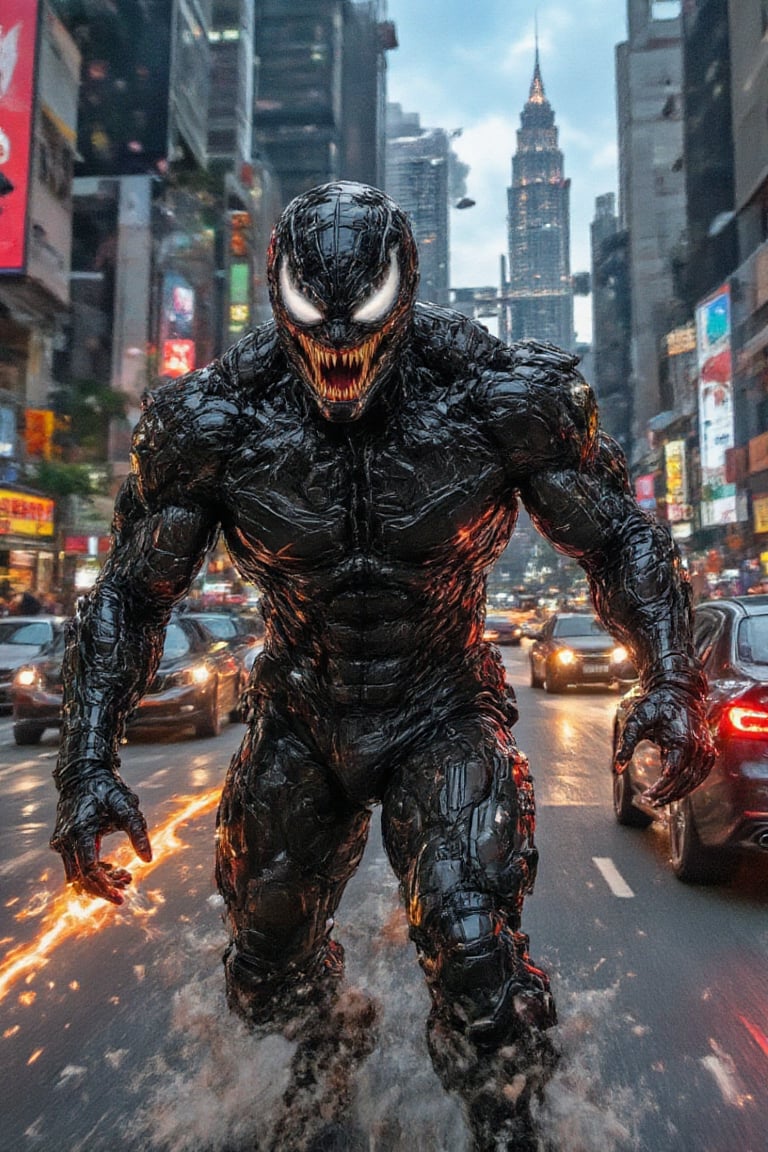 Venom, fused with a cheetah’s speed and agility, races through the cloudy bustling, neon-lit streets of Kuala Lumpur in a sleek, futuristic car. His muscular, glossy black form, accentuated by patches of cheetah fur, glows under the city’s vibrant lights. The sleek car speeds through the crowded streets with the Petronas Towers in the background, the scene pulsing with futuristic energy and wild intensity as Venom's predatory instincts merge with lightning-fast reflexes,RAW,venomstroke