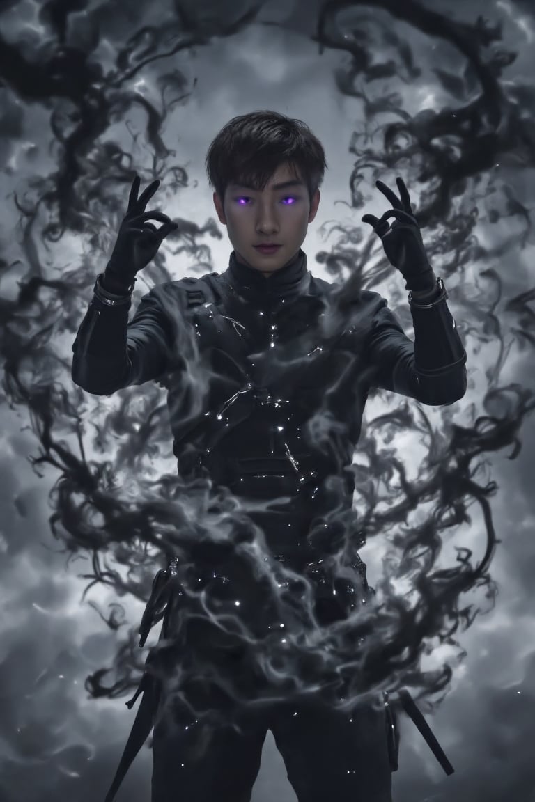 Solo Leveling's Sung Jin Woo, the Shadow Monarch, stands in a dramatic action pose amidst a whirlwind of shadows erupting from his body. Dark armor plating covers his torso and limbs, with short hair whipping around his face. His piercing purple eyes glow intensely, surrounded by detailed facial features. His hands are positioned in a powerful stance, fingers splayed as if ready to unleash energy at any moment. Dark smoky effects swirl around him, adding depth and dimensionality to the UHD 16K masterpiece.,RAW