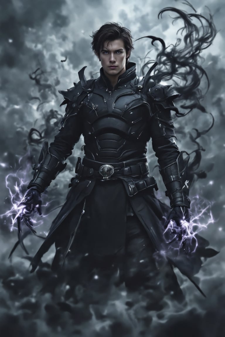 Solo Leveling's Sung Jin Woo, the Shadow Monarch, stands in a dramatic action pose amidst a whirlwind of shadows erupting from his body. Dark armor plating covers his torso and limbs, with short hair whipping around his face. His piercing purple eyes glow intensely, surrounded by detailed facial features. His hands are positioned in a powerful stance, fingers splayed as if ready to unleash energy at any moment. Dark smoky effects swirl around him, adding depth and dimensionality to the UHD 16K masterpiece.,RAW