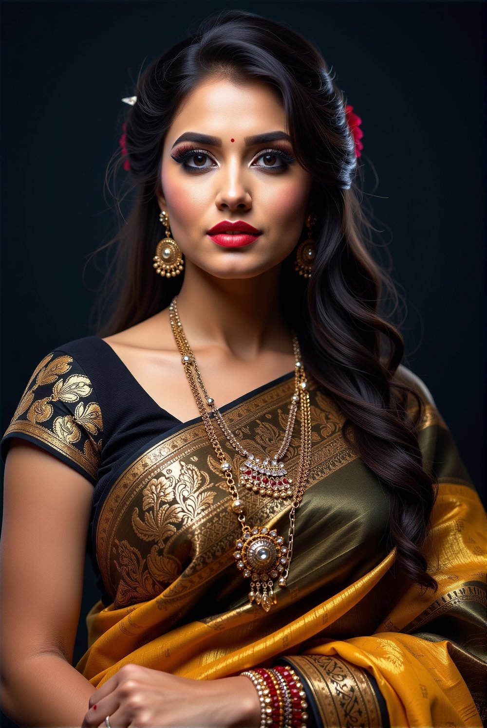 A captivating close-up portrait of an Indian woman model wearing a bold black and gold saree. Hair makeup is dramatic with...