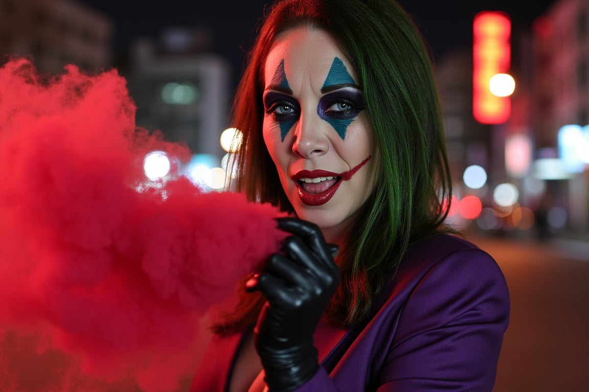 (((Realistic photo of A WOMAN CALLED RayVeness who is a sexy Joker))). The RayVeness Joker's crooked smile with her made up face, RayVeness Joker face makeup, her purple suit, black glove, red smoke, her long messy green hairdo, serious and tough pose, dark night, neon lights city, realistic cyberpunk city background ((very sensual photo)),