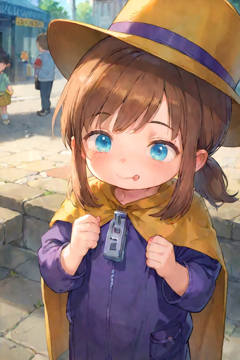 ((underage, 1girl, loli,  young child, infant body type)) (indoors, innocent face),score_9,score_8_up,source_anime,(score_7_up:0.8),(score_6_up:0.8),official art,highres,BREAK,masterpiece,hat-kid,brown hair,sidelocks,ponytail,blue eyes,aged up,purple top hat,purple dress,zipper pull tab,yellow cape