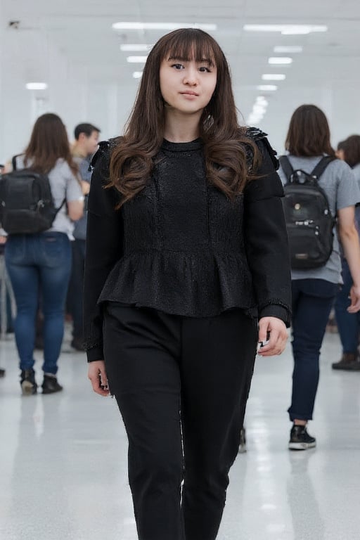 Asian girl with her hair down wearing a black sweater and black sweatpants walking through the airport with other people around 