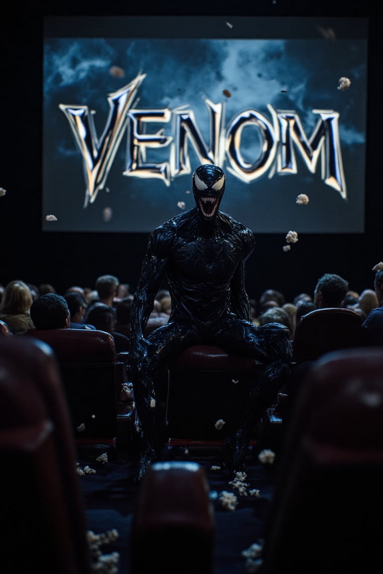 A cinematic scene of Venom watching his own movie 'VENOM' in a dimly lit theater. Venom sits in the dark,  glossy and inte...