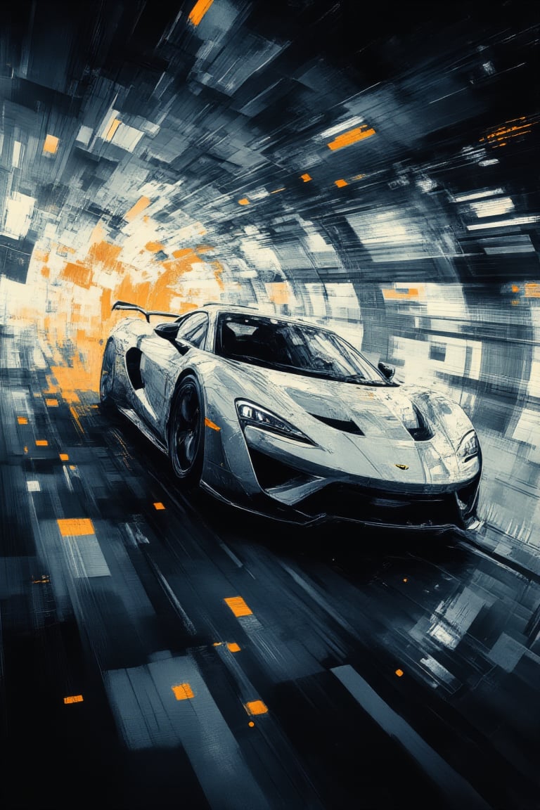 A white supercar with futuristic design elements tearing through a high-tech tunnel at midday. The scene is captured from a side view, highlighting the car's sharp lines and the glowing tunnel lights reflected on its body. Harsh overhead lighting casts bright highlights on the polished surface, with the tunnel’s glow emphasizing the speed. The background features sleek metallic walls, all blurred to accentuate the supercar's rapid movement. The clear sky visible through gaps in the tunnel enhances the high-tech feel.
(1.6-1) d S = δ Q rev T::0.6 [white_lightning]::0.7 [tunnel_flash] --s [techno_rush],CosmicBrushstrokes,EmberPixelNoir