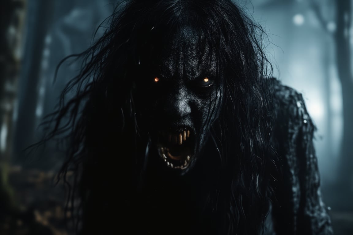 Pontianak with flowing black hair gives an extremely frightening roar through a misty forest at midnight. The scene is captured from a low-angle shot, highlighting her sharp, golden-tinged teeth. Moonlight creates eerie reflections on the Pontianak's surface, with shadows emphasizing her menacing expression. The background features twisted trees, all blurred to accentuate the Pontianak's movement. The starless sky enhances the overall haunting atmosphere.

(1.6-1) d S = δ Q rev T::1.0 Pontianak::0.5 Misty Forest --s Cinematic Horror

Pontianak,Kuntilanak,MidnightEmber,EmberPixelNoir