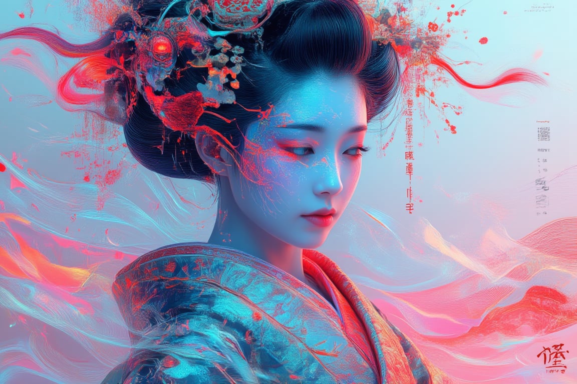 A highly detailed, photorealistic portrait of a mysterious geisha possessed by the spirit of a hipster dragon, set against a clean white background. The geisha's glowing red eyes are mesmerizing, with streaks of luminous color running down from beneath them, adding to the eerie, otherworldly aura. Her traditional attire is contrasted by subtle, modern hipster elements intertwined within the fabric. The composition features an abstract, symmetrical representation of her transformation, with faint, dragon-like shapes forming around her in an ethereal glow. The image draws influence from iconography illumination and tarot, giving the portrait a mystical and spiritual tone, with intricate, soft lighting that enhances the supernatural atmosphere. Styled like a space opera poster, the visual effect is inspired by the work of Satoshi Kon, combining vivid imagination with intricate realism, making the portrait both haunting and captivating.,NeonDystopia,cinematic dramatic color style,DreamweaverLumina