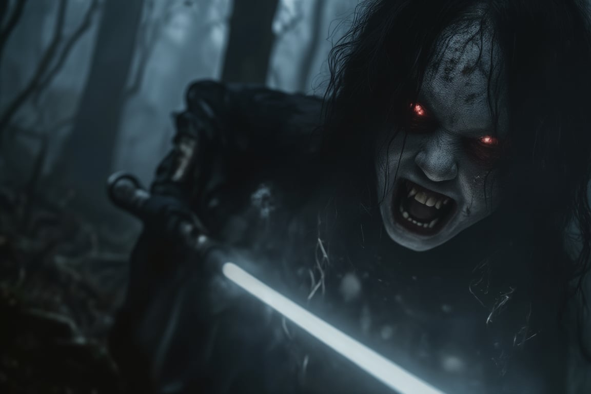 A super scary Pontianak with glowing red eyes gives an extremely close-up grotesque brutal roar while lashing with a white lightsaber through a dark, misty forest at midnight. The scene is captured from an extreme close-up angle, highlighting the sharpness of her fangs and the intensity of the lightsaber's glow. Pale moonlight creates eerie reflections on the Pontianak's surface, with swirling fog emphasizing her fierce movement. The background features shadowy trees and tangled vines, all blurred to accentuate the Pontianak's movement. The starless sky enhances the overall haunting atmosphere.

(1.6-1) d S = δ Q rev T::1.0 Pontianak::0.5 Dark Misty Forest --s Horror Cinematic,Kuntilanak,lighsaberON,EvilVampire