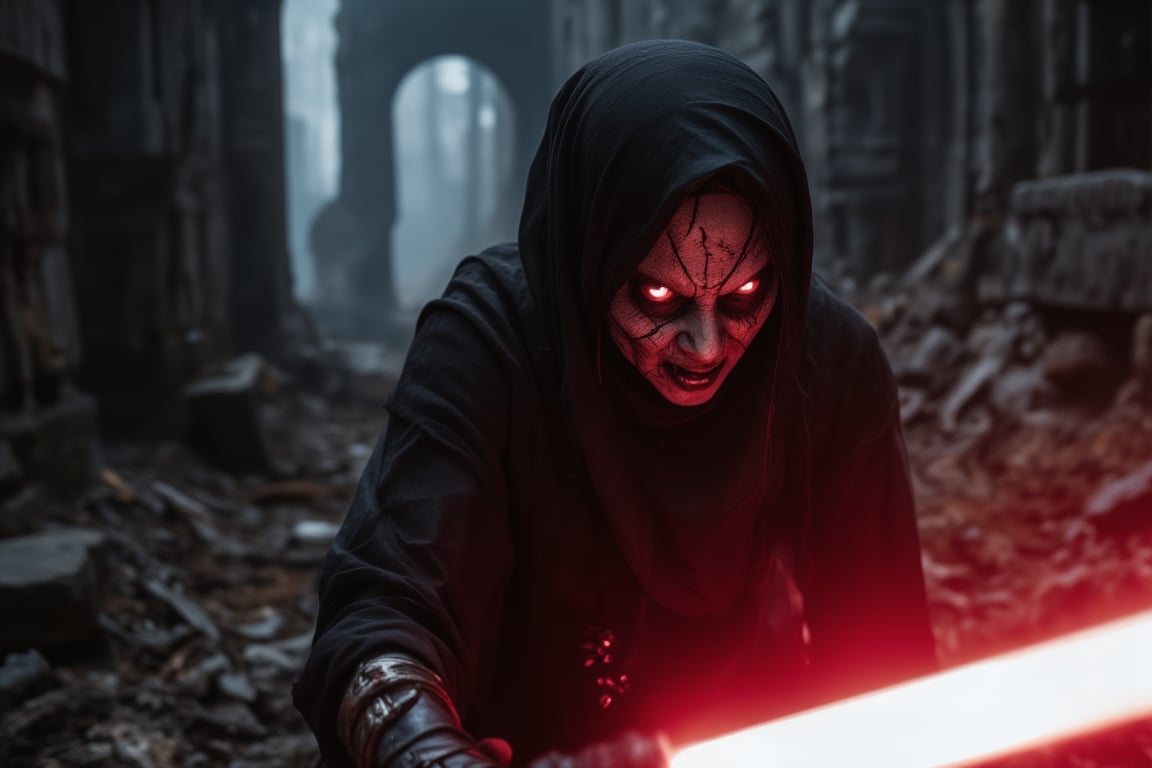 Frightening hijabi female demonic figure with cracked skin and glowing red pupils fiercely striking a red lightsaber towards the viewer through a crumbling, ancient temple at midnight. The scene is captured from a tight close-up angle, highlighting her distorted features and the wild energy of the lightsaber. Bright red glow from the saber creates deep shadows on her twisted face, with stones crumbling in the background, emphasizing her ferocious attack. The background features broken pillars and scattered ruins, all blurred to accentuate the demonic figure's movement. The dark, starless sky enhances the overall foreboding atmosphere.
(1.6-1) d S = δ Q rev T::0.9 hijabi demonic figure::0.1 viewer --s 900 ancient horror, dramatic lighting, fast motion,SteampunkHijab,Pontianak,Kuntilanak,lightsaberweapon