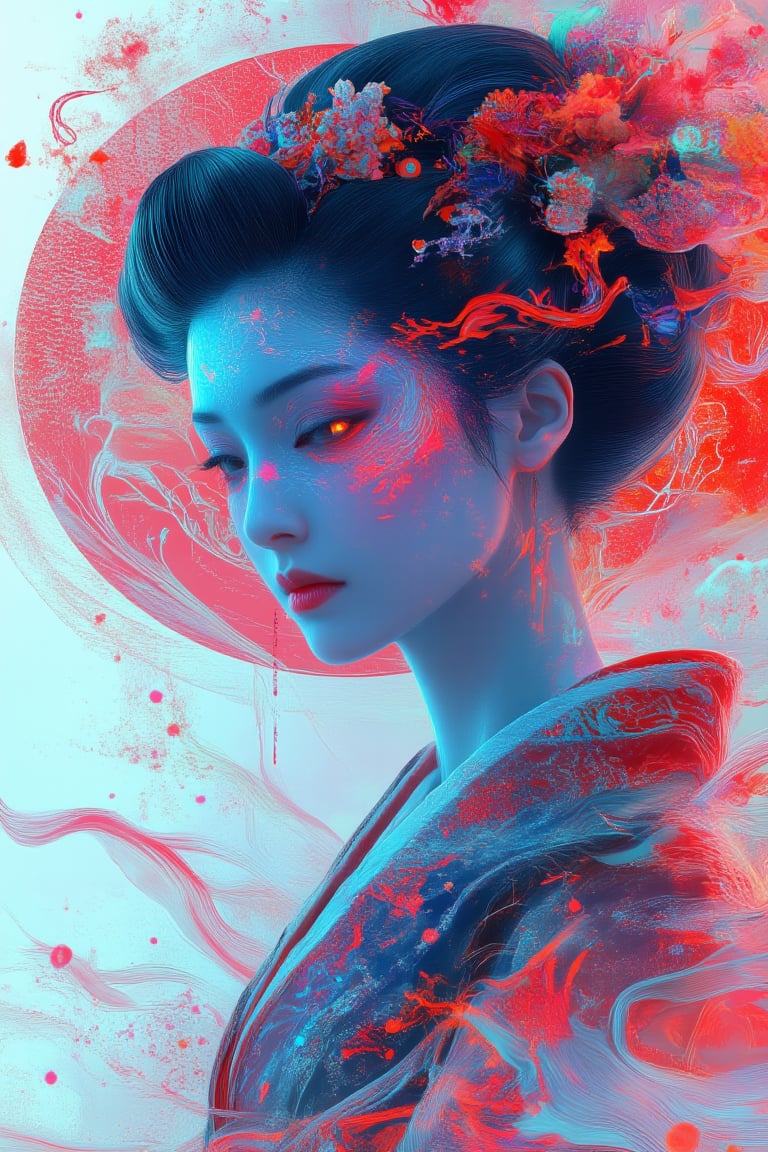 A highly detailed, photorealistic portrait of a mysterious geisha possessed by the spirit of a hipster dragon, set against a clean white background. The geisha's glowing red eyes are mesmerizing, with streaks of luminous color running down from beneath them, adding to the eerie, otherworldly aura. Her traditional attire is contrasted by subtle, modern hipster elements intertwined within the fabric. The composition features an abstract, symmetrical representation of her transformation, with faint, dragon-like shapes forming around her in an ethereal glow. The image draws influence from iconography illumination and tarot, giving the portrait a mystical and spiritual tone, with intricate, soft lighting that enhances the supernatural atmosphere. Styled like a space opera poster, the visual effect is inspired by the work of Satoshi Kon, combining vivid imagination with intricate realism, making the portrait both haunting and captivating.,NeonDystopia,cinematic dramatic color style,DreamweaverLumina