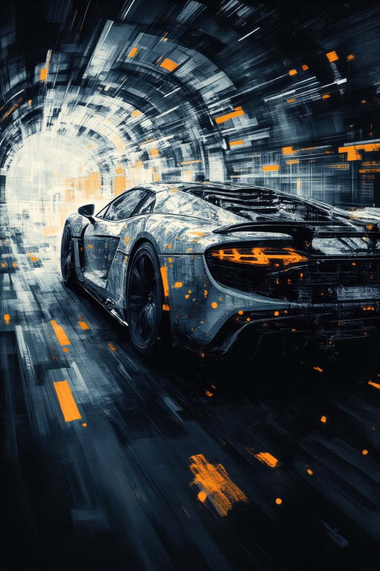 A white supercar with futuristic design elements tearing through a high-tech tunnel at midday. The scene is captured from a side view, highlighting the car's sharp lines and the glowing tunnel lights reflected on its body. Harsh overhead lighting casts bright highlights on the polished surface, with the tunnel’s glow emphasizing the speed. The background features sleek metallic walls, all blurred to accentuate the supercar's rapid movement. The clear sky visible through gaps in the tunnel enhances the high-tech feel.
(1.6-1) d S = δ Q rev T::0.6 [white_lightning]::0.7 [tunnel_flash] --s [techno_rush],CosmicBrushstrokes,EmberPixelNoir