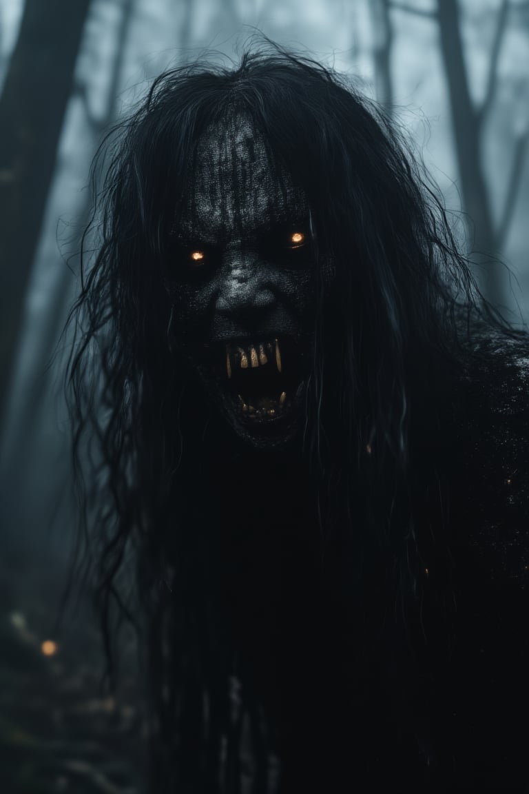 Pontianak with flowing black hair gives an extremely frightening roar through a misty forest at midnight. The scene is captured from a low-angle shot, highlighting her sharp, golden-tinged teeth. Moonlight creates eerie reflections on the Pontianak's surface, with shadows emphasizing her menacing expression. The background features twisted trees, all blurred to accentuate the Pontianak's movement. The starless sky enhances the overall haunting atmosphere.

(1.6-1) d S = δ Q rev T::1.0 Pontianak::0.5 Misty Forest --s Cinematic Horror

Pontianak,Kuntilanak,MidnightEmber,EmberPixelNoir