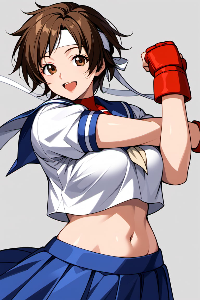 1girl, solo, mature female,score_9,looking_at_viewer,cross-body stretch, stretching,sakura kasugano, brown eyes, brown hair, short hair, mature female, blue skirt, crop top, headband, midriff, miniskirt, navel, sailor collar, school uniform, short sleeves, skirt, stomach, shirt, white shirt, white headband, gloves, red gloves,smile,open mouth,cowboy shot,open stance,standing,dynamic angle,
