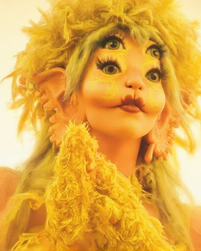 A warm, golden light illuminates a close-up shot of a woman, her face and outfit radiating sunshine. She wears a bright yellow puffy dress adorned with fluffy bows, a massive yellow hat crowns her head, and textured yellow gloves made to resemble grass cover her hands. Her hair, a vibrant yellow with streaks of white, falls in loose waves framing her features. The crisp white background provides a clean contrast to the woman's vibrant attire.