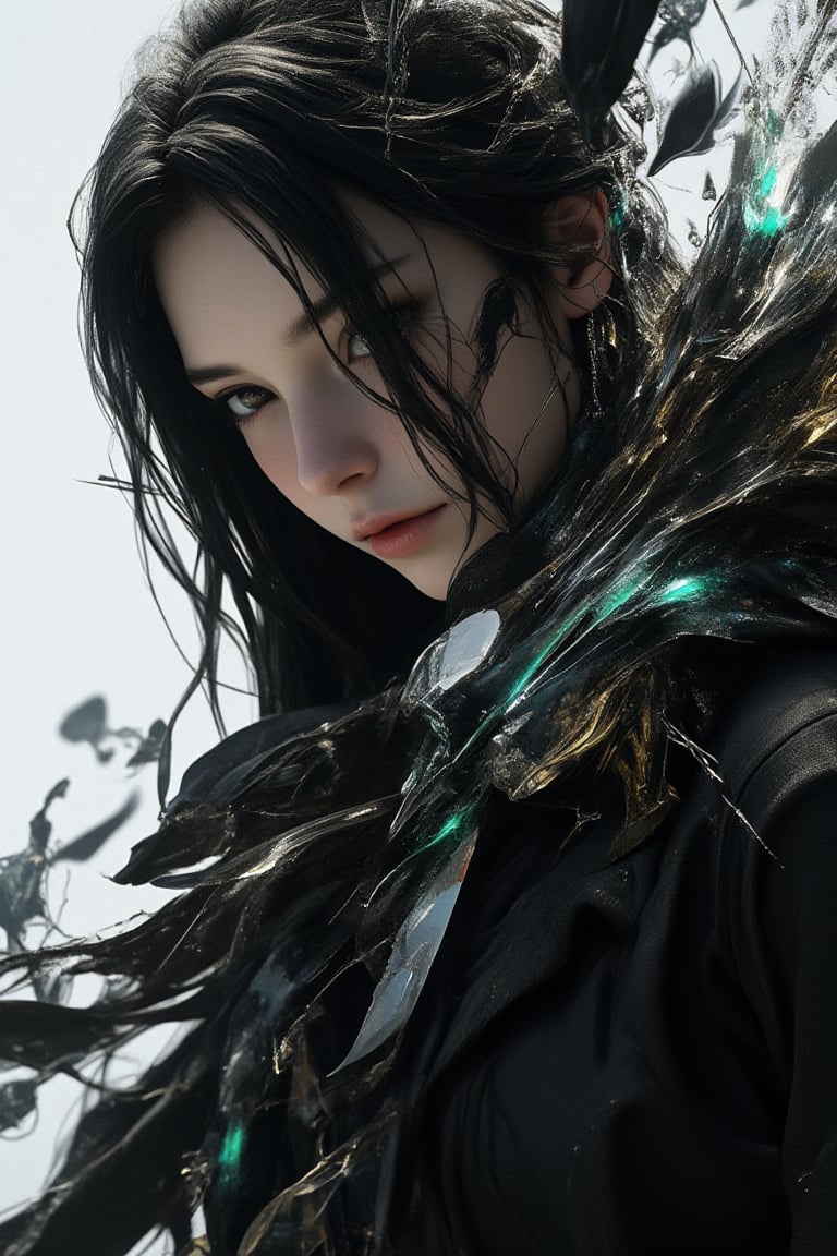 Super detailed, super realistic,full body shot,beastly,beautiful Nordic girl, black feather falling rendering, cracked and broken foreground, complex brushstrokes, emphasizing dark contrast, transparent light-transmitting epoxy resin combined with gold relay material with a touch of green, Western beautiful girl, FF7 Tifa Lockhart, face Close-up, long black hair, black shirt, black pants, white background, detailed and high quality, wasteland style, Unreal Engine. Make the background more mysterious. 