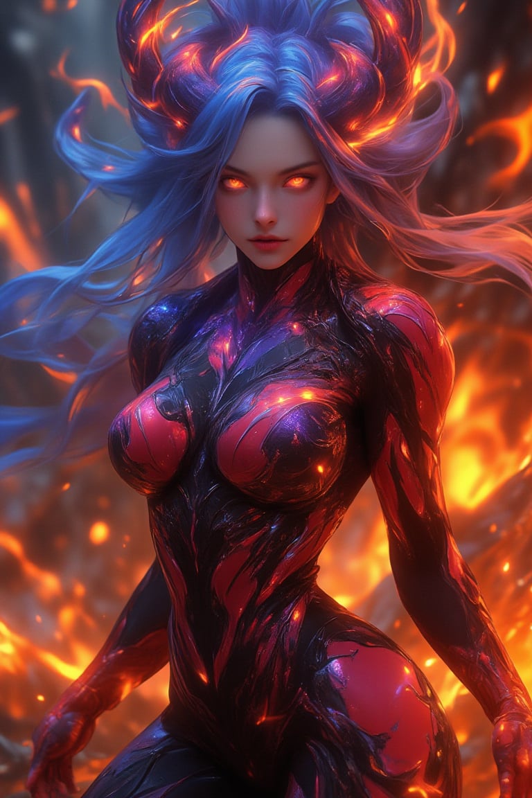 Super detailed, super realistic,full body shot,beastly,beautiful Nordic girl, purple-themed female character, long flowing light blue hair with a fiery glow, glowing red eyes, wearing a form-fitting red and black bodysuit with flame patterns, standing in a burning landscape surrounded by swirling embers and fire, radiant skin, fierce and passionate expression, full body, dynamic pose as flames swirl around her, life size, perfect anatomy, detailed skin texture, full HD, 4K, HDR, perfect anatomy, depth of field