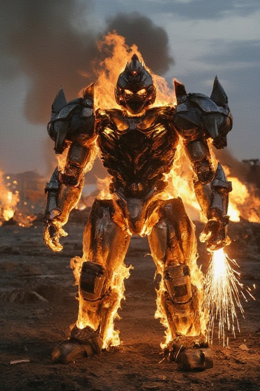 A burning robot stands amidst a smoldering war-torn landscape, flames engulfing its metal body as smoke billows around it. The robot's once-sharp edges are now distorted and charred, with sparks flying off its arm as it attempts to move. In the background, the ruins of a cityscape stretch out in disarray, while explosions illuminate the darkening sky.