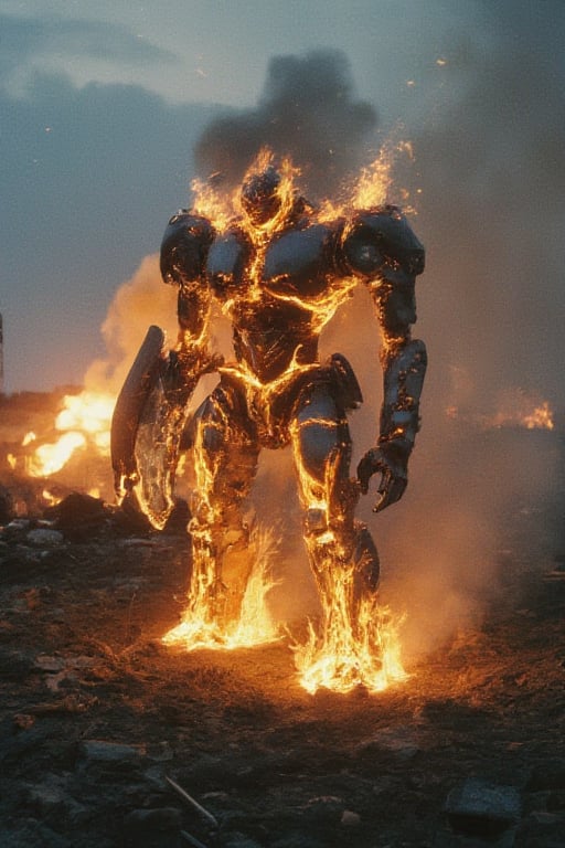 A burning robot stands amidst a smoldering war-torn landscape, flames engulfing its metal body as smoke billows around it. The robot's once-sharp edges are now distorted and charred, with sparks flying off its arm as it attempts to move. In the background, the ruins of a cityscape stretch out in disarray, while explosions illuminate the darkening sky.