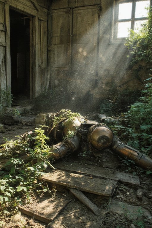 Overgrown weeds surround the crumbling facade of an ancient house, its wooden boards weathered to a moss-covered grey. A decrepit robot, once gleaming metal now rusted and worn, lies motionless on the creaky floorboards. Cobwebs cling to its mechanical limbs as dust motes dance in the faint sunlight filtering through shattered windows.