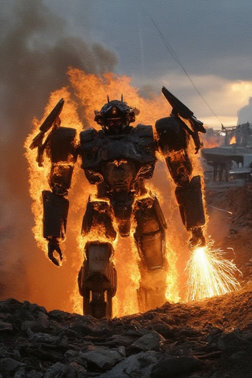 A burning robot stands amidst a smoldering war-torn landscape, flames engulfing its metal body as smoke billows around it. The robot's once-sharp edges are now distorted and charred, with sparks flying off its arm as it attempts to move. In the background, the ruins of a cityscape stretch out in disarray, while explosions illuminate the darkening sky.