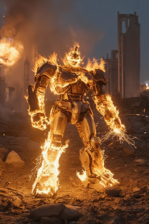 A burning robot stands amidst a smoldering war-torn landscape, flames engulfing its metal body as smoke billows around it. The robot's once-sharp edges are now distorted and charred, with sparks flying off its arm as it attempts to move. In the background, the ruins of a cityscape stretch out in disarray, while explosions illuminate the darkening sky.