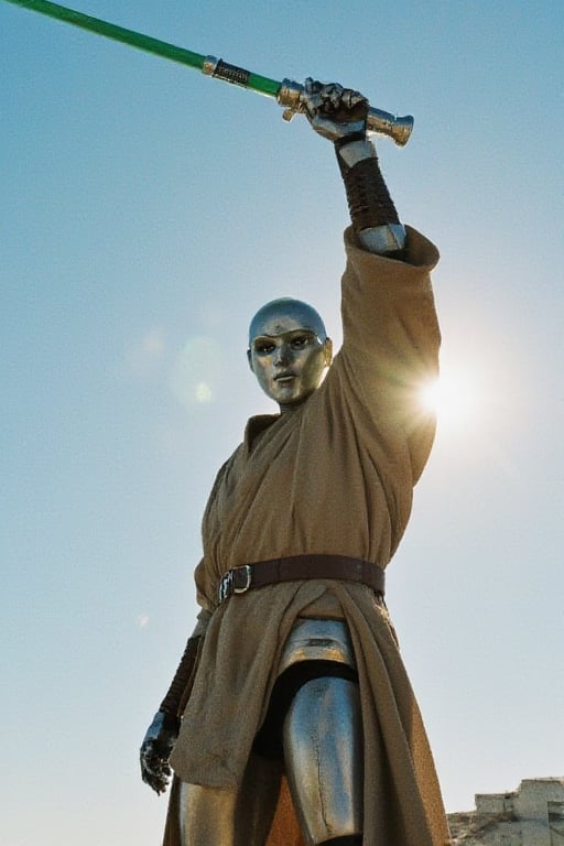 A robot stands heroically, clad in a worn Jedi robe and grasping a gleaming lightsaber. The midday sun casts a warm glow, illuminating the metallic sheen of its body as it holds the blade aloft, ready to defend against an incoming attack. Framed against a bright blue sky, the robot's pose exudes strength and determination.