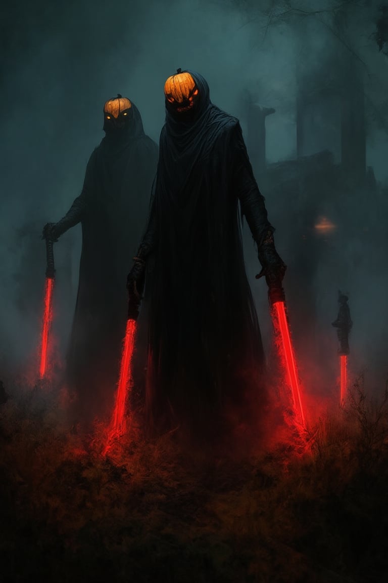 This charming and enigmatic digital illustration features a shadowy, cyborg-like figure standing in the middle of a dimly lit and misty field. The characters have jack-o-lantern heads with black robes, hiding their identities. Their hands held majestic swords of enormous size that emitted streams of dazzling red light. The background shows a funerary structure of spooky architecture—perhaps a cemetery—bathed in the soft glow of burning embers or drifting fireflies. exudes an eerie atmosphere, skillfully combining warm and cold tones to evoke a palpable sense of tension and expectation.,mostly,kalarcat,soft colors