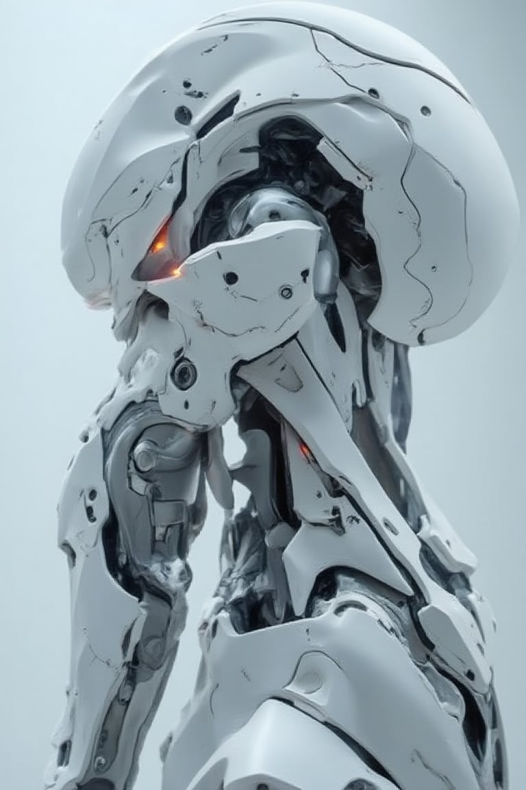 Close-up shot of a matte polycarbonate surface reflecting a see-through white armored suit worn by a girl. The suit's intricate details and bright white hue combine perfectly with the reflective material. The lighting is soft and subtle, highlighting translucent elements and casting subtle shadows. The composition is centered, focusing on the girl's form in the armored suit and the smooth reflective surface.,BionicSkin,bladesxhan23