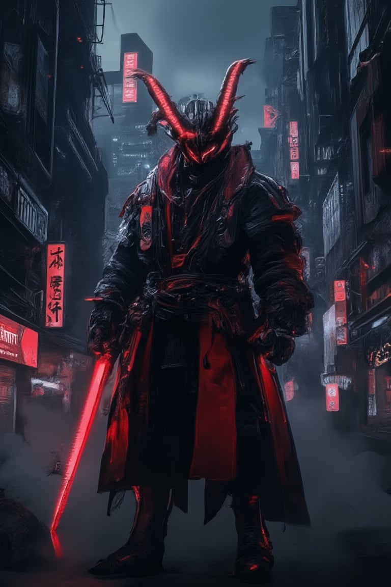 In a neon-lit city alley at night, smog and fog hung thick as Exmechapolyhan83 stood tall, his cybernetic mask featuring red menhala horns covering his face. He wore a modern black to reddish colored samurai robe, exuding a modern atmosphere. In one hand, he held a large, high-tech katana emitting energy and spark effects, its blade humming with energy. The city's towering skyscrapers loom in the background, their LED lights pulsing with an otherworldly glow.