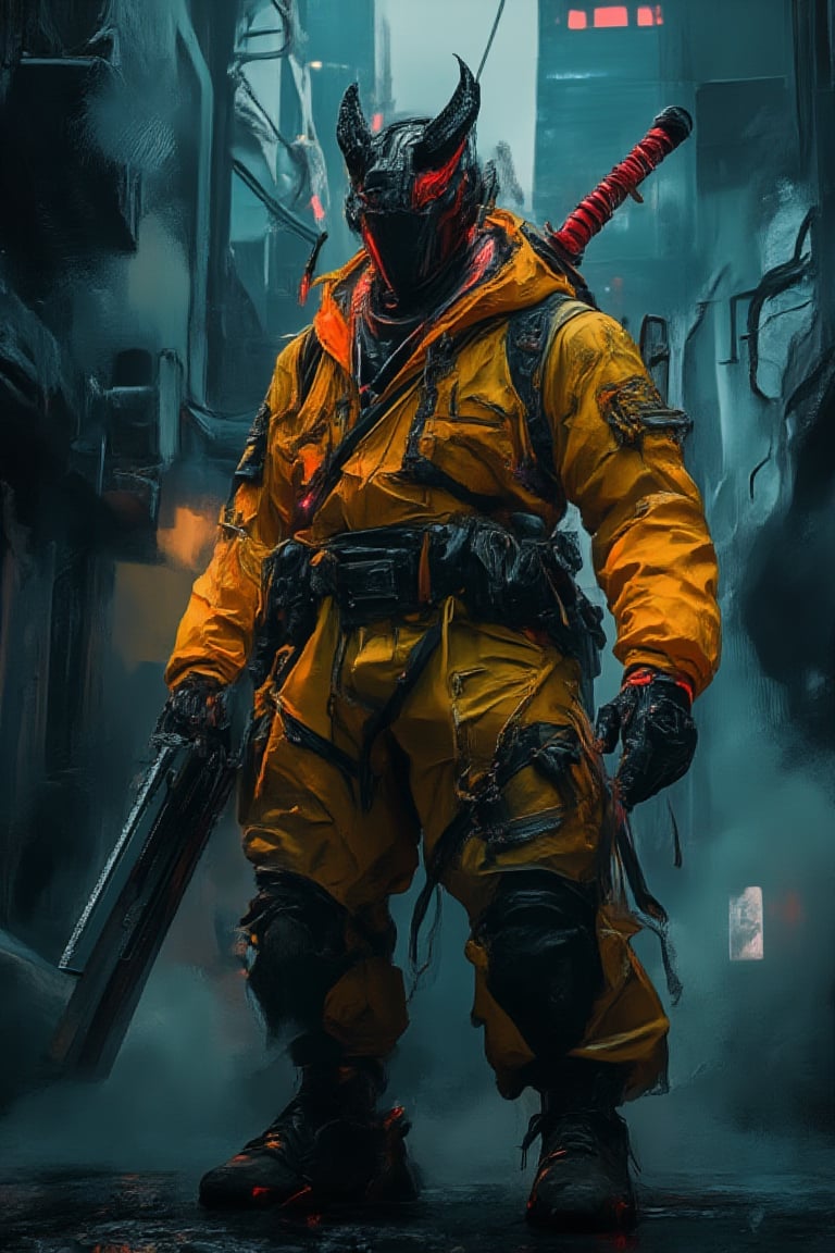 In a neon-lit alley at dusk, a haze of smoke and mist hangs heavy as Exmechapolyhan83 stands tall, his cybernetic mask featuring red horns concealing his face. He wears a bright yellow technology shirt, cargo pants, and sneakers, exuding an air of modernity. In one hand, he grips a high-tech katana, its blade humming with energy. The city's towering skyscrapers loom in the background, their LED lights pulsating with an otherworldly glow.