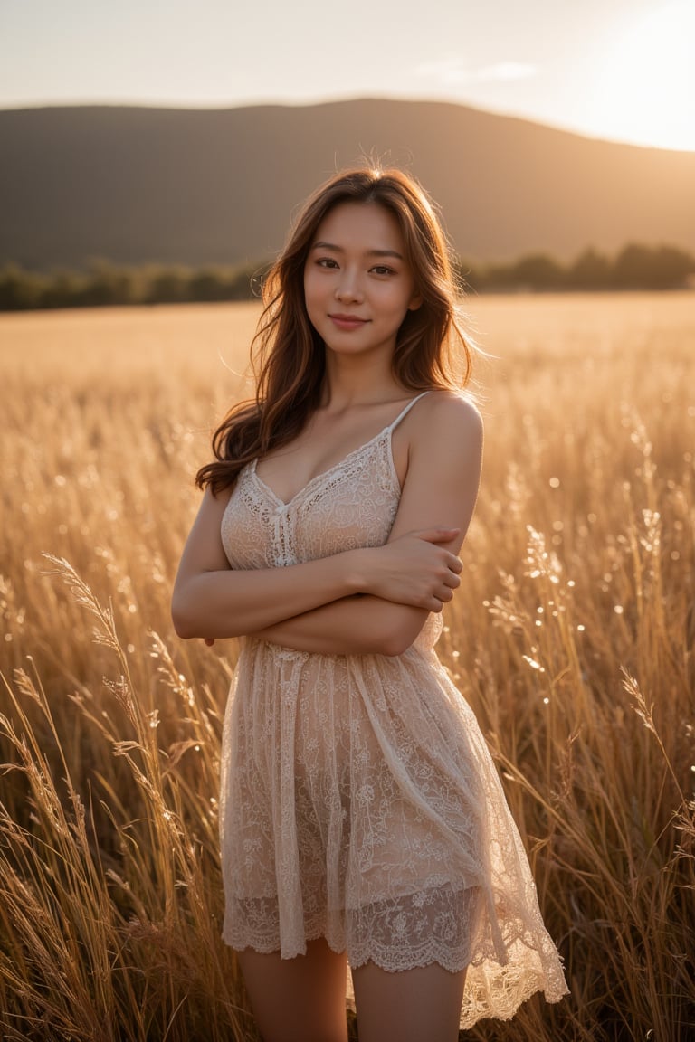 A radiant woman with shoulder-length auburn hair stands in a vast meadow, surrounded by tall, golden grasses swaying gently in the early morning breeze. Her floral sundress flutters lightly as the sun begins to rise, casting a warm, amber light across the landscape. Dew glistens on the grass, and the crisp air creates a fresh, invigorating atmosphere. With her arms lightly wrapped around her, she softly smiles, her eyes closed as she takes in the peacefulness of the new day. The distant hills are bathed in the glow of dawn, enhancing the beauty of the serene moment.