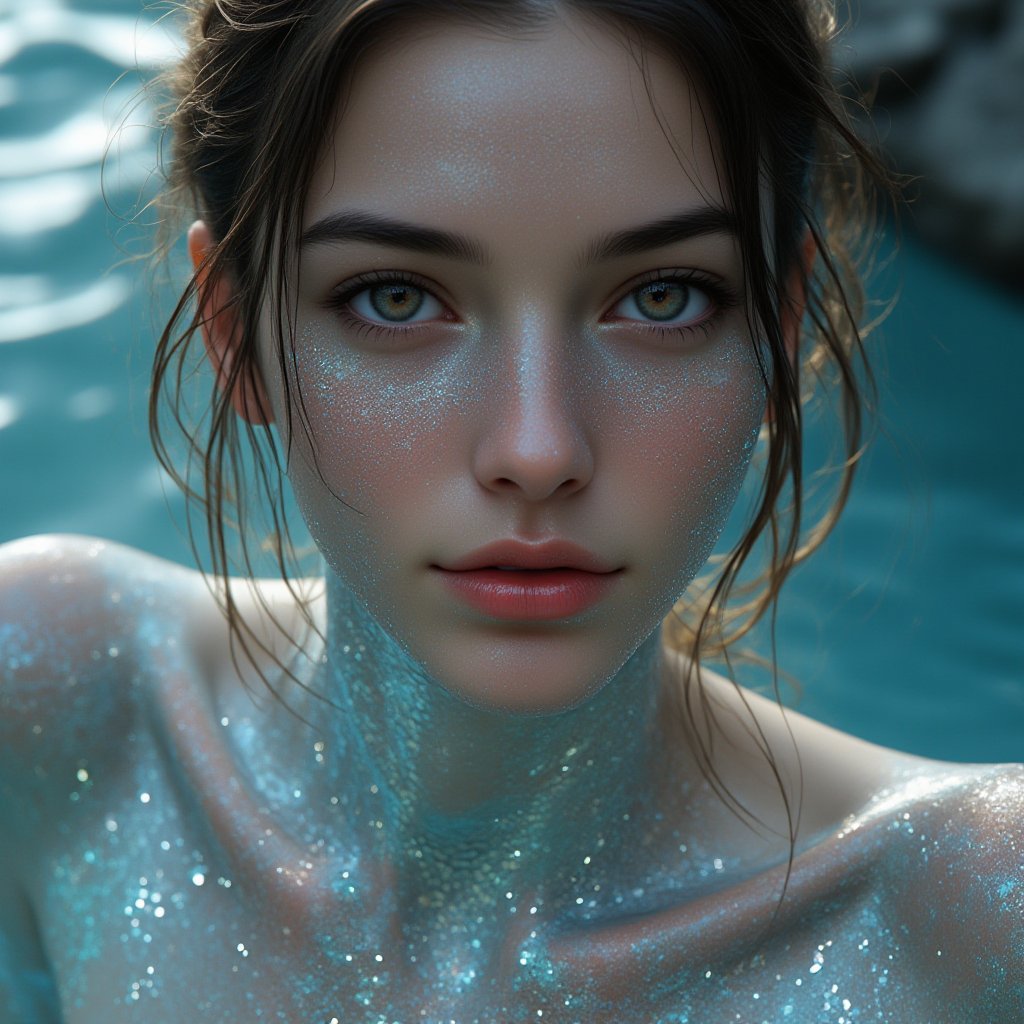 Create a hyper-realistic 8k image of a 24-year-old woman with skin composed of shimmering fish scales, intricately resembling the texture of fish epidermis. Her body is covered in fine, iridescent scales that glint with shades of silver, blue, and green, catching the light as she moves. The scales are arranged naturally, following the contours of her body, creating a fluid, organic appearance that evokes the smoothness and sleekness of aquatic life.

Each scale reflects light in different directions, giving her skin a mesmerizing, almost magical glow. The texture contrasts beautifully with her soft facial features, where the scales transition into a more delicate, subtle pattern around her cheeks and neck. The environment is illuminated by soft, natural lighting, which enhances the reflection and interplay of light on her fish-scale skin, making her appear as a living embodiment of an aquatic myth brought to life."