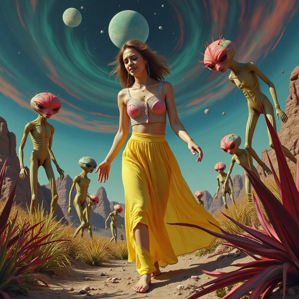A dramatic scene depicting a woman in a stylish top and a flowing yellow skirt,  lost on a mysterious dwarf planet. She ap...